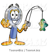 Illustration of a Cartoon Magnifying Glass Mascot Holding a Fish on a Fishing Pole by Toons4Biz