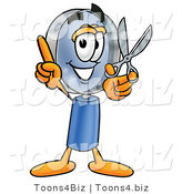 Illustration of a Cartoon Magnifying Glass Mascot Holding a Pair of Scissors by Toons4Biz