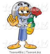 Illustration of a Cartoon Magnifying Glass Mascot Holding a Red Rose on Valentines Day by Toons4Biz