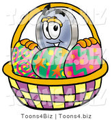 Illustration of a Cartoon Magnifying Glass Mascot in an Easter Basket Full of Decorated Easter Eggs by Mascot Junction
