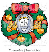 Illustration of a Cartoon Magnifying Glass Mascot in the Center of a Christmas Wreath by Toons4Biz