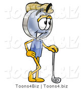 Illustration of a Cartoon Magnifying Glass Mascot Leaning on a Golf Club While Golfing by Mascot Junction