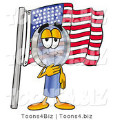 Illustration of a Cartoon Magnifying Glass Mascot Pledging Allegiance to an American Flag by Toons4Biz