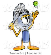 Illustration of a Cartoon Magnifying Glass Mascot Preparing to Hit a Tennis Ball by Toons4Biz