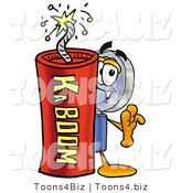 Illustration of a Cartoon Magnifying Glass Mascot Standing with a Lit Stick of Dynamite by Mascot Junction