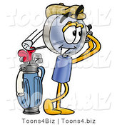 Illustration of a Cartoon Magnifying Glass Mascot Swinging His Golf Club While Golfing by Mascot Junction