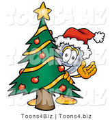 Illustration of a Cartoon Magnifying Glass Mascot Waving and Standing by a Decorated Christmas Tree by Mascot Junction