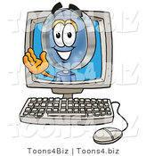 Illustration of a Cartoon Magnifying Glass Mascot Waving from Inside a Computer Screen by Mascot Junction