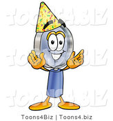 Illustration of a Cartoon Magnifying Glass Mascot Wearing a Birthday Party Hat by Mascot Junction