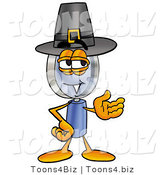 Illustration of a Cartoon Magnifying Glass Mascot Wearing a Pilgrim Hat on Thanksgiving by Mascot Junction