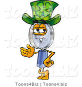 Illustration of a Cartoon Magnifying Glass Mascot Wearing a Saint Patricks Day Hat with a Clover on It by Mascot Junction