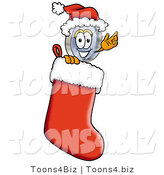 Illustration of a Cartoon Magnifying Glass Mascot Wearing a Santa Hat Inside a Red Christmas Stocking by Mascot Junction
