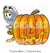 Illustration of a Cartoon Magnifying Glass Mascot with a Carved Halloween Pumpkin by Mascot Junction
