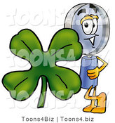 Illustration of a Cartoon Magnifying Glass Mascot with a Green Four Leaf Clover on St Paddy's or St Patricks Day by Mascot Junction
