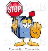 Illustration of a Cartoon Mailbox Holding a Stop Sign by Mascot Junction