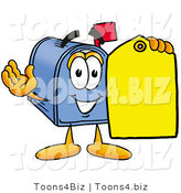 Illustration of a Cartoon Mailbox Holding a Yellow Sales Price Tag by Mascot Junction