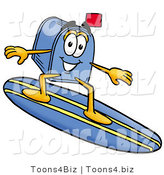 Illustration of a Cartoon Mailbox Surfing on a Blue and Yellow Surfboard by Mascot Junction