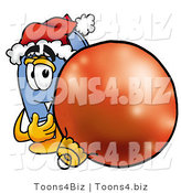 Illustration of a Cartoon Mailbox Wearing a Santa Hat, Standing with a Christmas Bauble by Mascot Junction