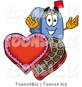 Illustration of a Cartoon Mailbox with an Open Box of Valentines Day Chocolate Candies by Mascot Junction