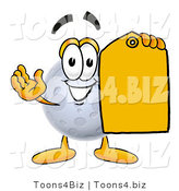 Illustration of a Cartoon Moon Mascot Holding a Yellow Sales Price Tag by Mascot Junction