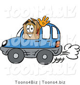 Illustration of a Cartoon Packing Box Mascot Driving a Blue Car and Waving by Mascot Junction