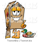 Illustration of a Cartoon Packing Box Mascot Duck Hunting, Standing with a Rifle and Duck by Mascot Junction