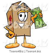 Illustration of a Cartoon Packing Box Mascot Holding a Dollar Bill by Mascot Junction