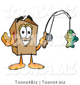 Illustration of a Cartoon Packing Box Mascot Holding a Fish on a Fishing Pole by Mascot Junction