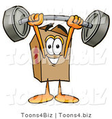 Illustration of a Cartoon Packing Box Mascot Holding a Heavy Barbell Above His Head by Mascot Junction