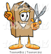 Illustration of a Cartoon Packing Box Mascot Holding a Pair of Scissors by Mascot Junction