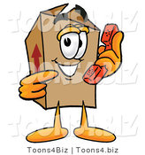 Illustration of a Cartoon Packing Box Mascot Holding a Telephone by Mascot Junction