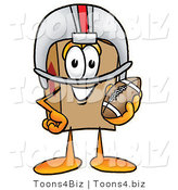 Illustration of a Cartoon Packing Box Mascot in a Helmet, Holding a Football by Mascot Junction