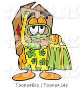 Illustration of a Cartoon Packing Box Mascot in Green and Yellow Snorkel Gear by Mascot Junction
