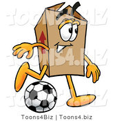 Illustration of a Cartoon Packing Box Mascot Kicking a Soccer Ball by Mascot Junction