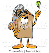 Illustration of a Cartoon Packing Box Mascot Preparing to Hit a Tennis Ball by Mascot Junction