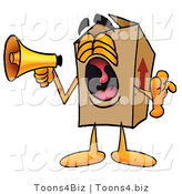 Illustration of a Cartoon Packing Box Mascot Screaming into a Megaphone by Mascot Junction