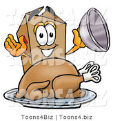 Illustration of a Cartoon Packing Box Mascot Serving a Thanksgiving Turkey on a Platter by Mascot Junction