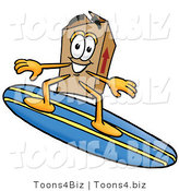 Illustration of a Cartoon Packing Box Mascot Surfing on a Blue and Yellow Surfboard by Toons4Biz
