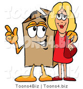 Illustration of a Cartoon Packing Box Mascot Talking to a Pretty Blond Woman by Mascot Junction