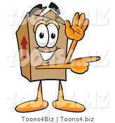 Illustration of a Cartoon Packing Box Mascot Waving and Pointing by Mascot Junction