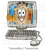 Illustration of a Cartoon Packing Box Mascot Waving from Inside a Computer Screen by Mascot Junction
