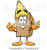 Illustration of a Cartoon Packing Box Mascot Wearing a Birthday Party Hat by Toons4Biz