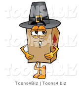 Illustration of a Cartoon Packing Box Mascot Wearing a Pilgrim Hat on Thanksgiving by Mascot Junction