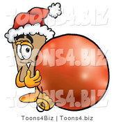 Illustration of a Cartoon Packing Box Mascot Wearing a Santa Hat, Standing with a Christmas Bauble by Mascot Junction
