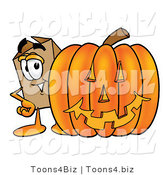 Illustration of a Cartoon Packing Box Mascot with a Carved Halloween Pumpkin by Mascot Junction