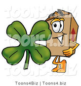 Illustration of a Cartoon Packing Box Mascot with a Green Four Leaf Clover on St Paddy's or St Patricks Day by Mascot Junction