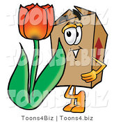 Illustration of a Cartoon Packing Box Mascot with a Red Tulip Flower in the Spring by Mascot Junction