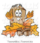 Illustration of a Cartoon Packing Box Mascot with Autumn Leaves and Acorns in the Fall by Mascot Junction