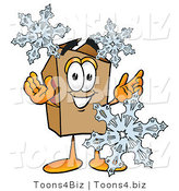 Illustration of a Cartoon Packing Box Mascot with Three Snowflakes in Winter by Mascot Junction