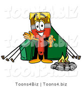 Illustration of a Cartoon Paint Brush Mascot Camping with a Tent and Fire by Mascot Junction